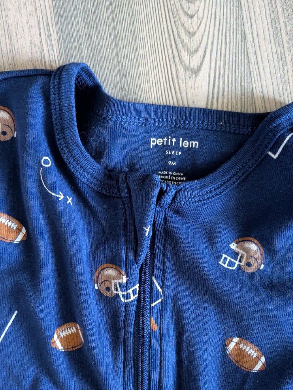 Petit Lem Navy Football-Print Zip Front Footed One-Piece - Picture 2 of 3